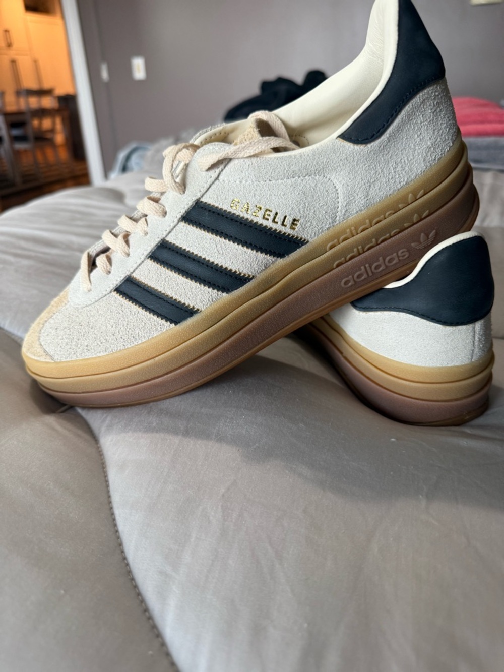 adidas Gazelle Sneakers in Off-White with Navy Stripes and Gold Details
